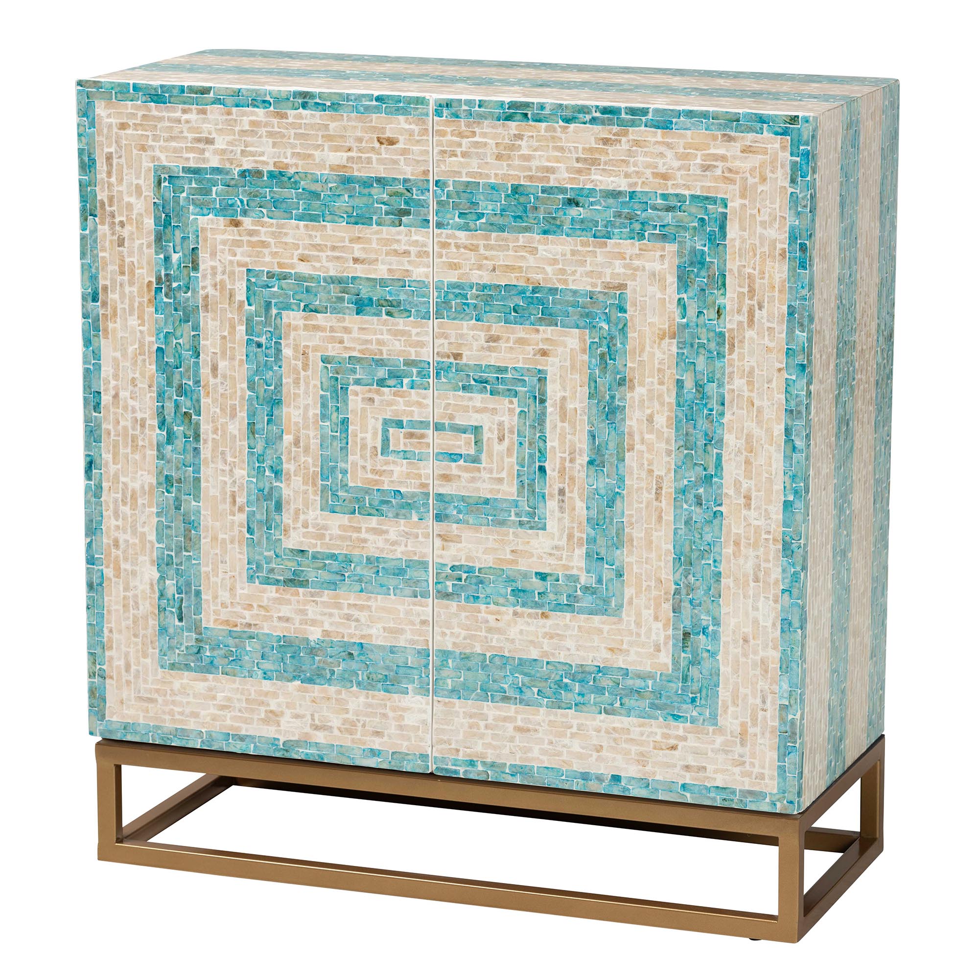 Baxton Studio Utari Modern Bohemian Two-Tone Beige and Blue Mother of Pearl and Gold Metal Storage Cabinet